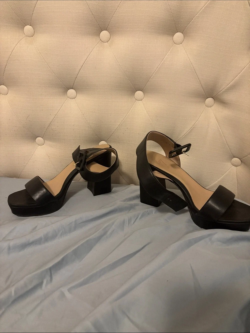 27 EDIT Black Platform Block Heel Sandals with Buckle